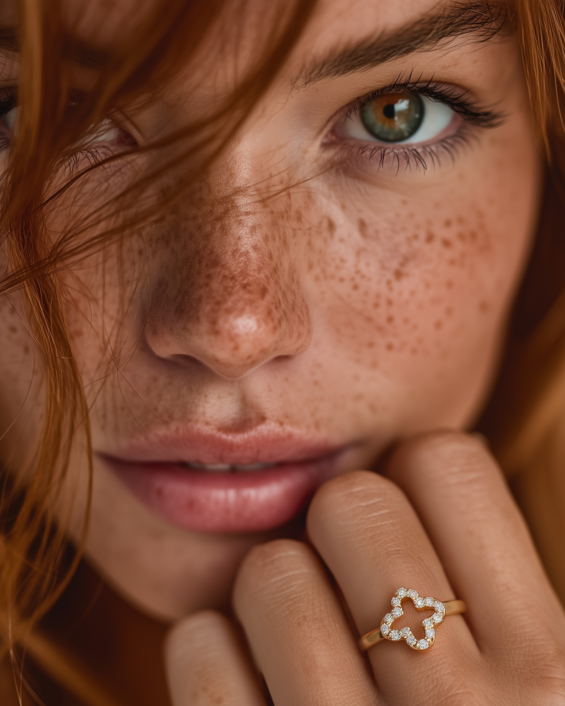 Smykke modelfoto med kløverformet guldfingerring